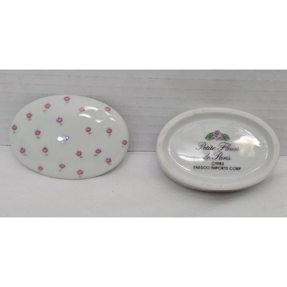Vintage 1980 Enesco Petite Fleurs de Paris Oval Porcelain Trinket Box Pink Roses
